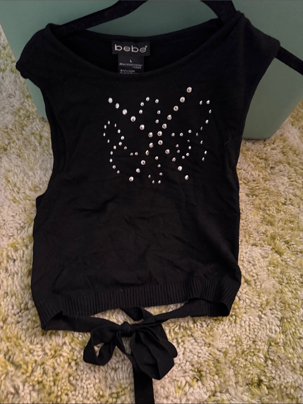 bebe Black Silver-Stud Tie-Front Crop Top